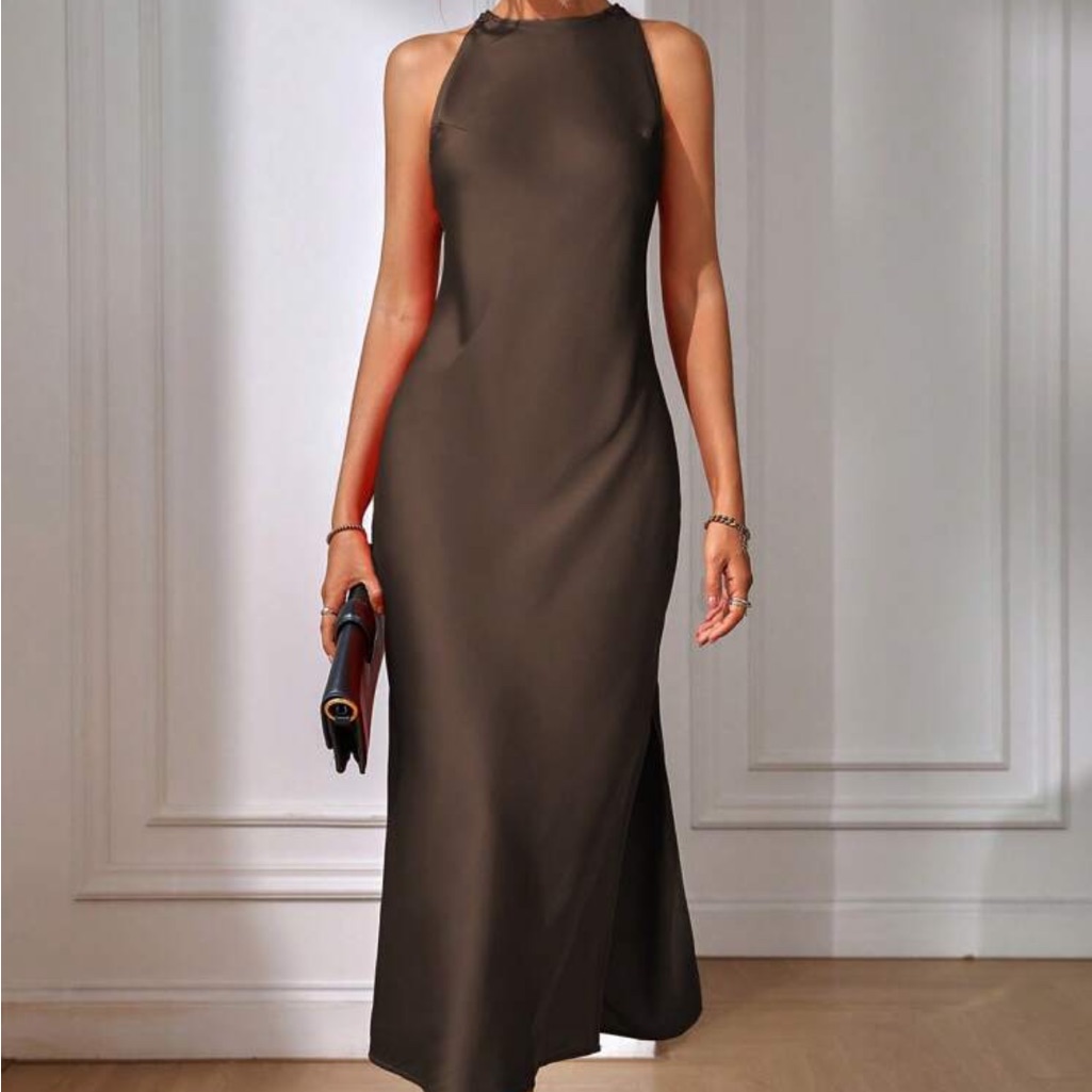 Sleek Brown Midi Slip Dress - Timeless Halter Style
